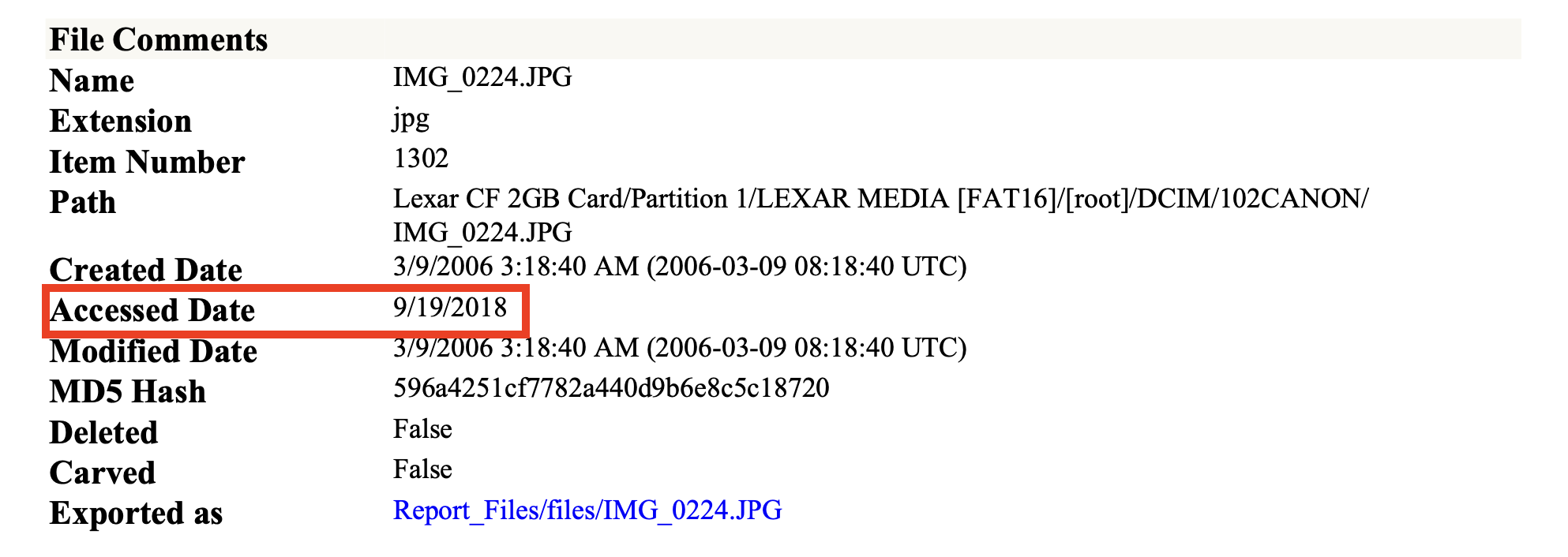 FBI forensic report showing access date overwritten to 9/19/2018