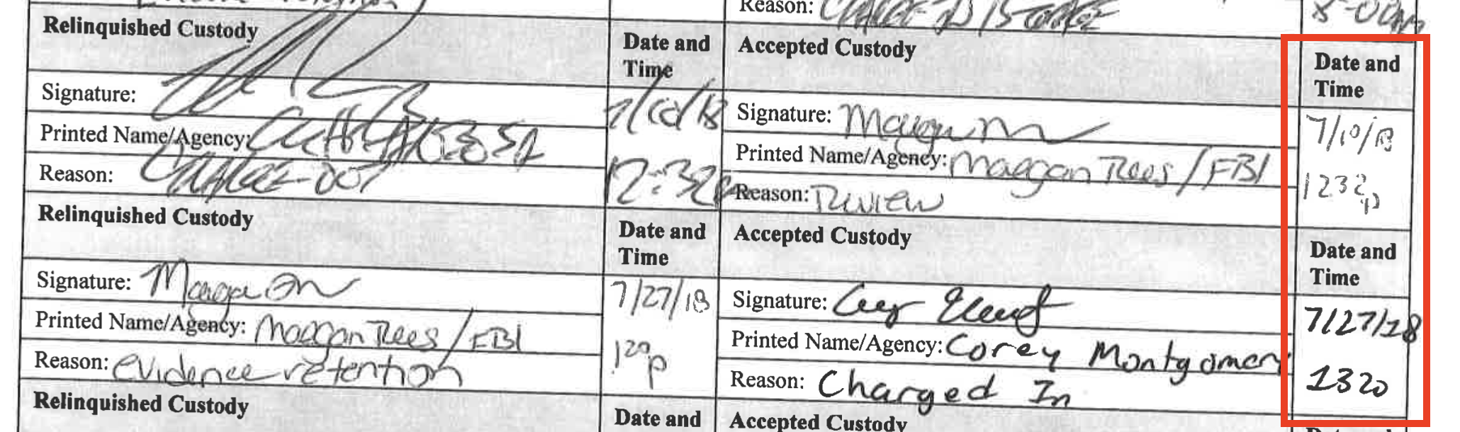 Chain of custody — SA Maeghan Rees holds memory card from 07/10/2018 to 07/27/2018