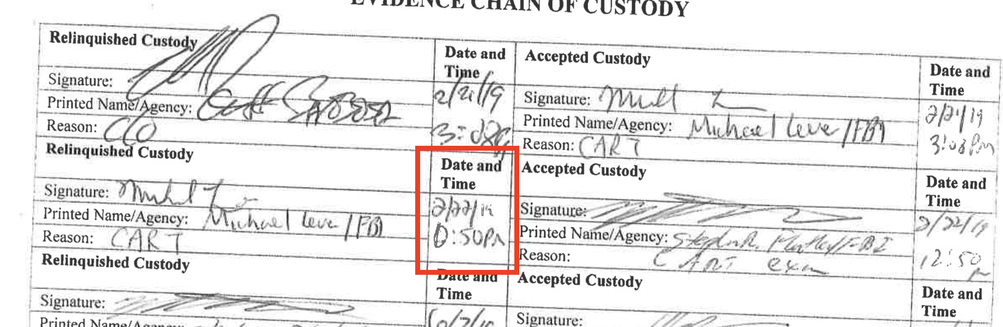 Chain of custody — Lever transfers the camera and memory card to CART (Flatley) on 02/22/2019, eleven months post-collection and after the September 19, 2018 alteration