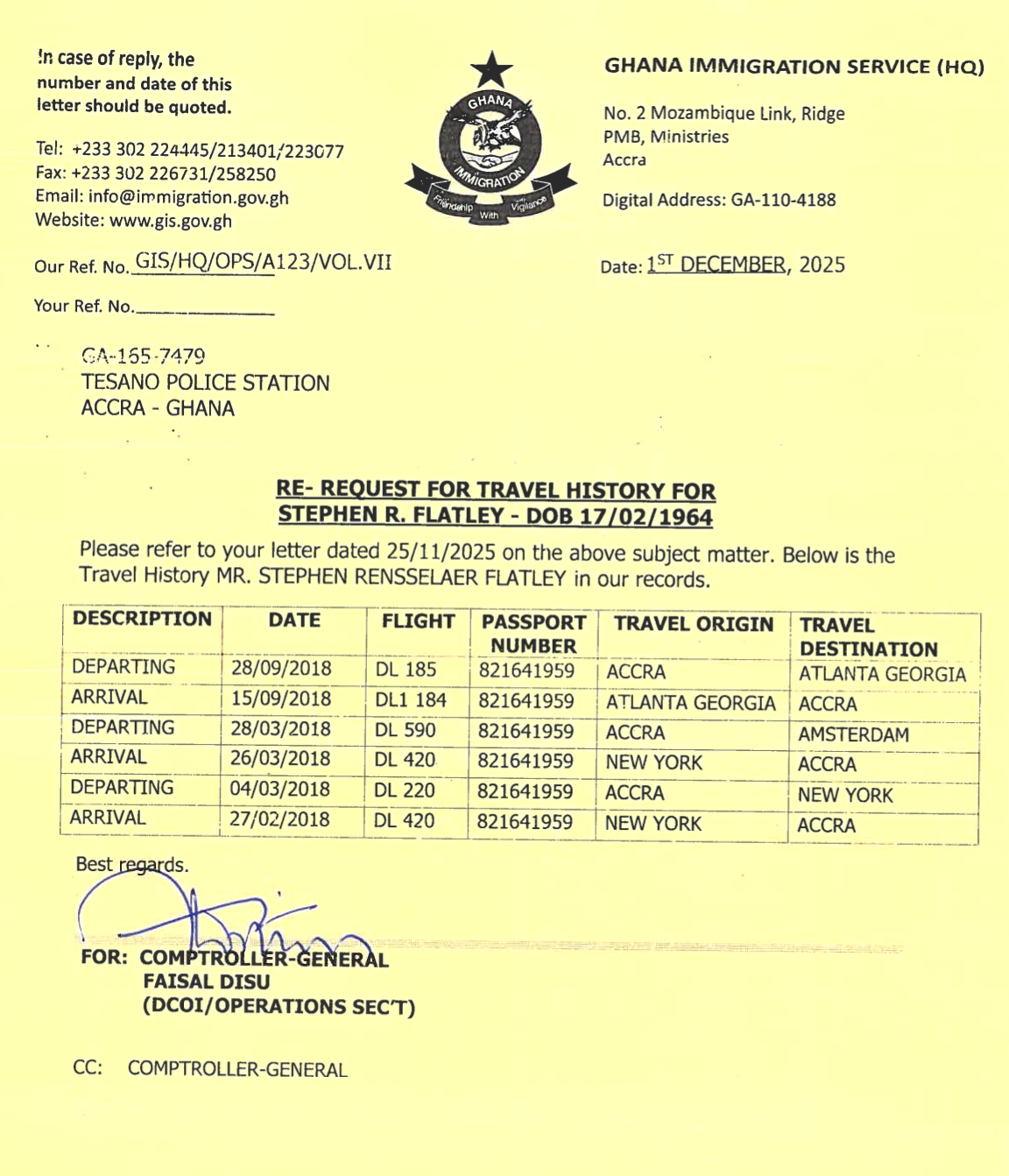 Ghana Immigration Service letter — Flatley travel history, obtained December 1, 2025