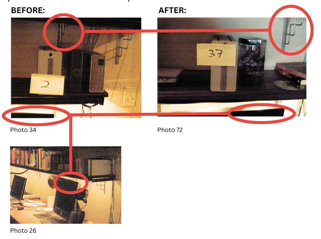 Side-by-side — photo 34 (Item 2) and photo 72 (Item 37), same part of the same bookshelf, completely different arrangement